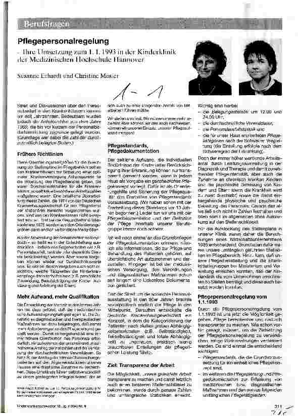 Vorschauseite 1: Pflegepersonalregelung Ihre Umsetzung zum 1. 1. 93 in der Kinderklinik der Medizinischen Hochschule Hannover