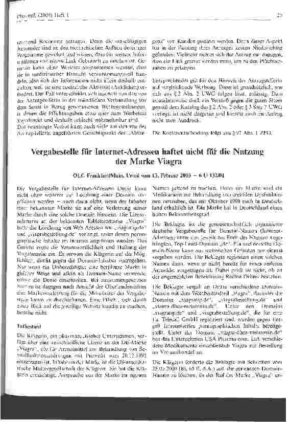 Vorschauseite 1: Vergabestelle für Internet-Adressen haftet nicht für die Nutzung der Marke Viagra OLG Frankfurt/Main, Urteil vom 13. Februar 2003