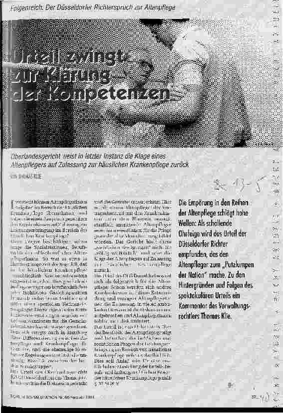 Vorschauseite 1: Urteil zwingt zur Klärung der Kompetenzen Oberlandesgericht weist in letzt.Inst.Klage eines Altenpflegers auf Zulassung z.Häusl.KrankenPflege zurück
