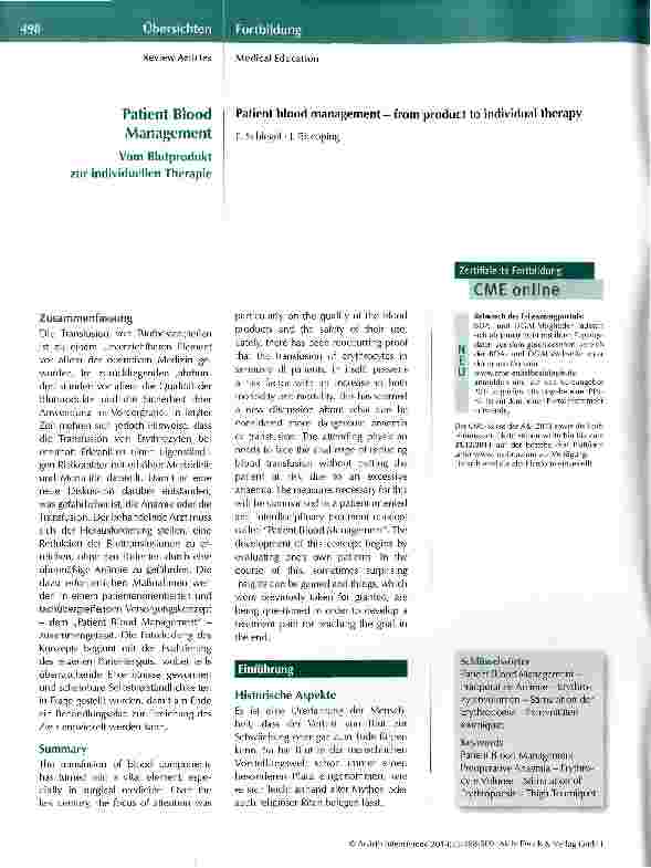 Vorschauseite 1: Patient Blood Management Vom Blutprodukt zur individuellen Therapie