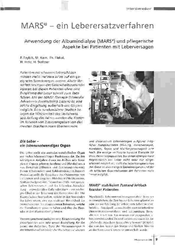 Vorschauseite 1: MARS®-ein LeberersatzverfahrenAnwendung der Albumindialyse (MARS®) und pflegerischeAspekte bei Patienten mit Leberversagen