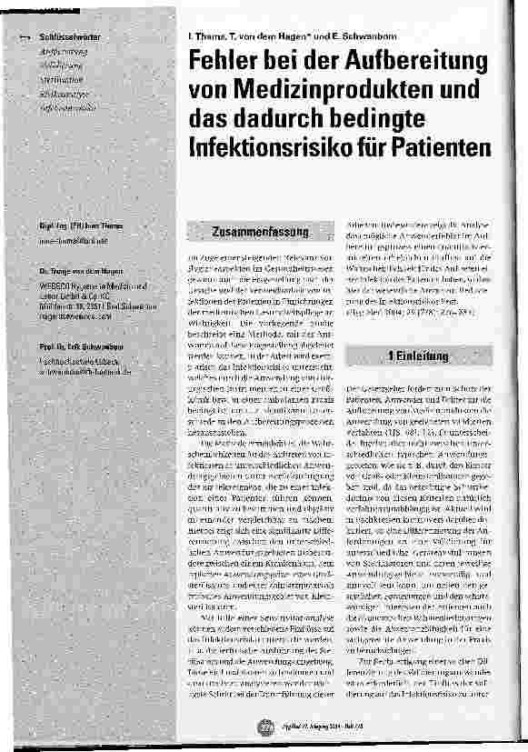 Vorschauseite 1: Fehler bei der Aufbereitung von Medizinprodukten und das dadurch bedingte Infektionsrisiko für Patienten