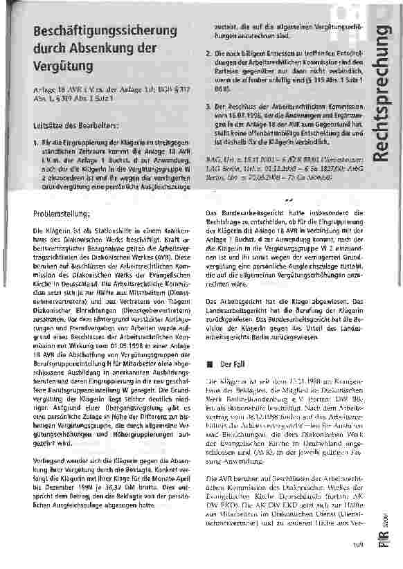 Vorschauseite 1: Beschäftigungssicherung durch Absenkung der Vergütung BAG, Urteil vom 15.11.2001
