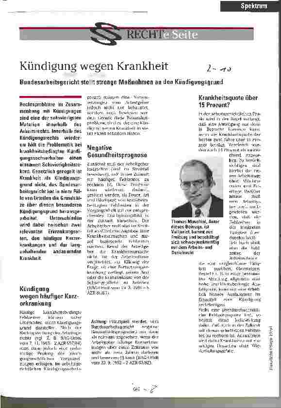 Vorschauseite 1: Kündigung wegen Krankheit Bundesarbeitsgericht stellt strenge Maßnahmen an den Kündigungsgrund