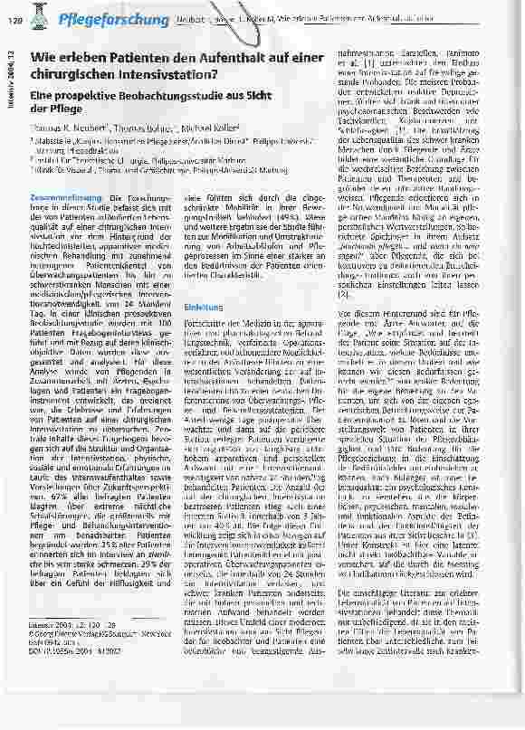 Vorschauseite 1: Wie erleben Patienten den Aufenthalt auf einer chirurgischen Intensivstation? Eine prospektive Beobachtungsstudie aus Sicht der Pflege