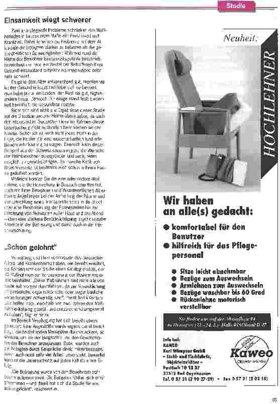 Vorschauseite 4: Einsamkeit ist schlimmer als Krankheit Ein Krankenund Altersheim i. d. Schweiz erstellte eine Studie zur Bewohnerzufriedenheit