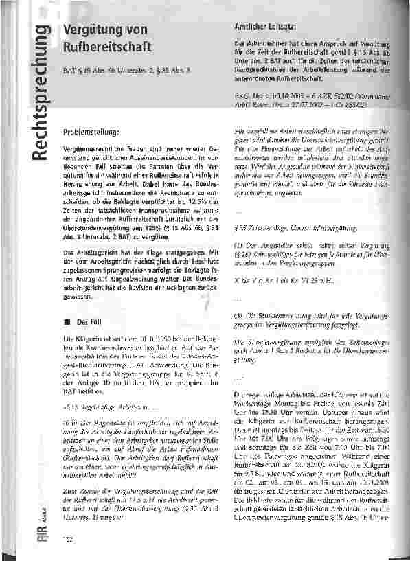 Vorschauseite 1: Vergütung von Rufbereitschaft BAG, Urteil vom 09.10.2003