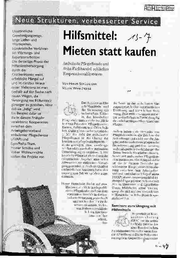 Vorschauseite 1: Hilfsmittel: Mieten statt kaufen Neue Strukturen, verbesserter Service Ambulante Pflegedienste und Reha-Fachhandel schließen Kooperationsabkommen