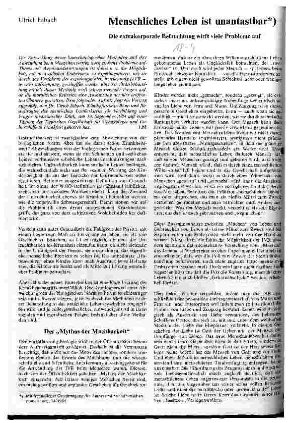 Vorschauseite 1: Menschliches Leben ist unantastbar Die extrakorporale Befruchtung wirft viele Probleme auf