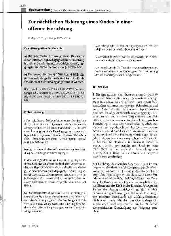 Vorschauseite 1: Zur nächtlichen Fixierung eines Kindes in einer offenen Einrichtung BGB § 1631b, § 1626, § 1906 Abs. 4