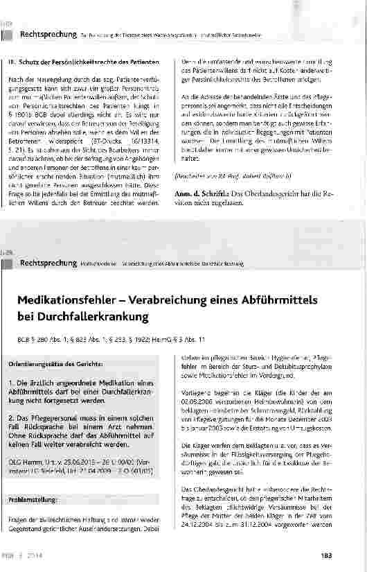 Vorschauseite 1: Medikationsfehler-Verabreichung eines Abführmittels bei DurchfallerkrankungBGB § 280 Abs. 1, § 823 Abs. 1, § 253, § 1922; HeimG § 5 Abs. 11