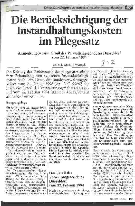 Vorschauseite 1: Die Berücksichtigung der Instandhaltungskosten im Pflegesatz Anmerkungen zum Urteil des VG Düsseldorf vom 22.2.94