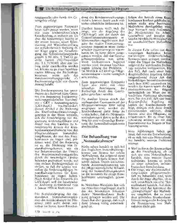 Vorschauseite 3: Die Berücksichtigung der Instandhaltungskosten im Pflegesatz Anmerkungen zum Urteil des VG Düsseldorf vom 22.2.94