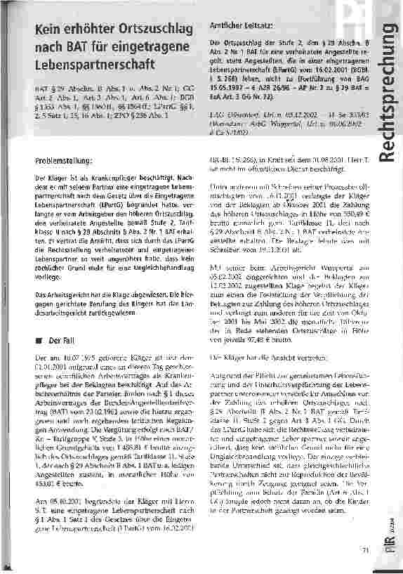Vorschauseite 1: Kein erhöhter Ortszuschlag nach BAT für eingetragene Lebenspartnerschaft LAG Düsseldorf, Urteil vom 05.12.2002