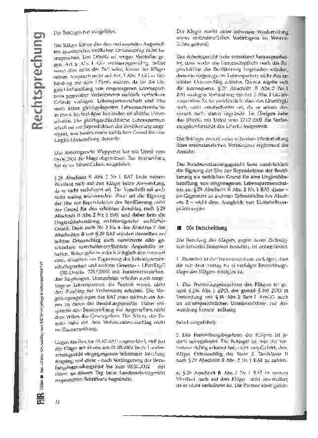 Vorschauseite 2: Kein erhöhter Ortszuschlag nach BAT für eingetragene Lebenspartnerschaft LAG Düsseldorf, Urteil vom 05.12.2002