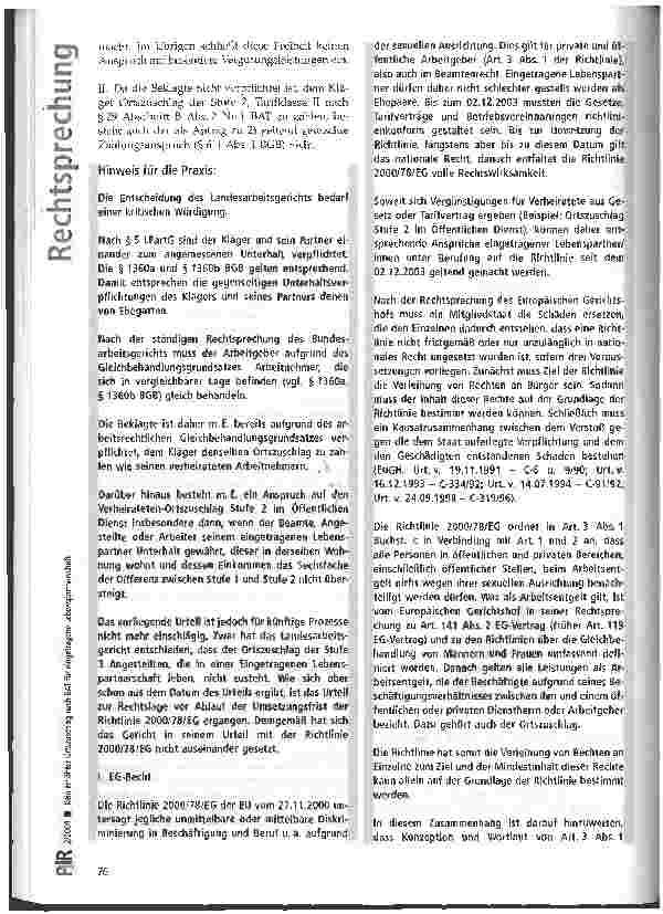 Vorschauseite 6: Kein erhöhter Ortszuschlag nach BAT für eingetragene Lebenspartnerschaft LAG Düsseldorf, Urteil vom 05.12.2002