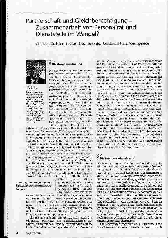 Vorschauseite 1: Partnerschaft und Gleichberechtigung Zusammenarbeit von Personalrat und Dienststelle im Wandel?