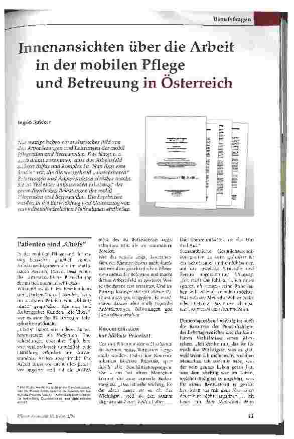 Vorschauseite 1: Innenansichten über die Arbeit in der mobilen Pflege und Betreuung in Österreich