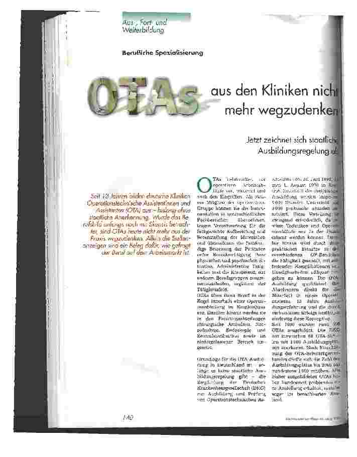 Vorschauseite 1: OTAS - aus den Kliniken nicht mehr wegzudenken Jetzt zeichnet sich die staatliche Ausbilungsregelung ab