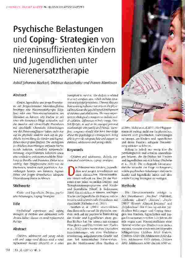 Vorschauseite 1: Psychische Belastungen und Coping-Strategien von niereninsuffizienten Kindern und Jugendlichen unter Nierenersatztherapie