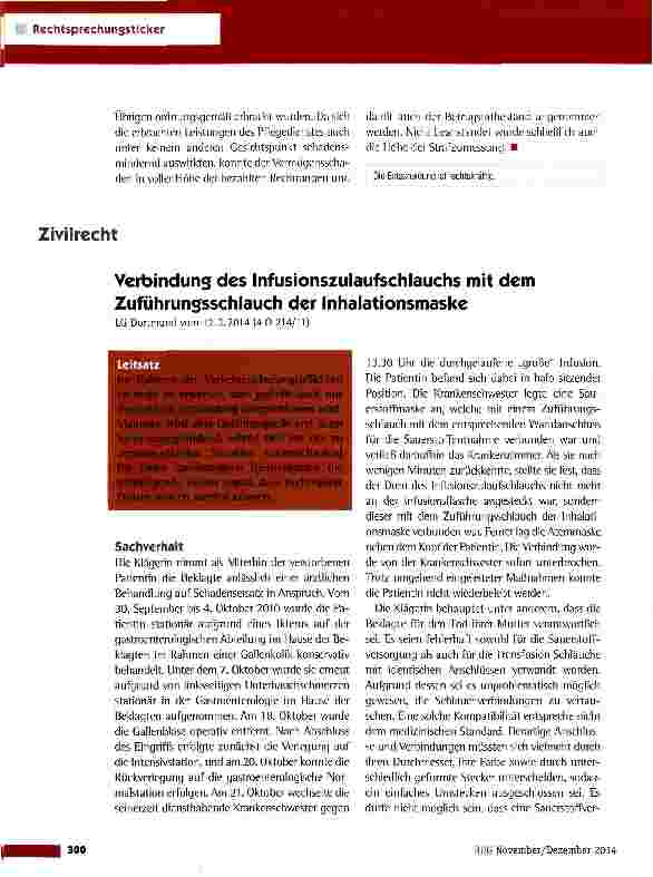 Vorschauseite 1: Verbindung des Infusionszulaufschlauchs mit dem Zuführungsschlauch der InhalationsmaskeLG Dortmund vom 12.2.2014 (4 0 214/11)