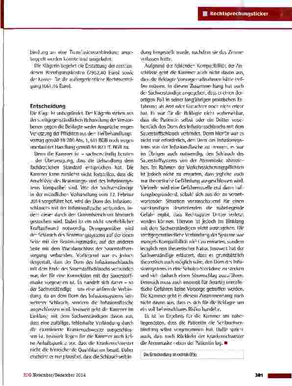 Vorschauseite 2: Verbindung des Infusionszulaufschlauchs mit dem Zuführungsschlauch der InhalationsmaskeLG Dortmund vom 12.2.2014 (4 0 214/11)