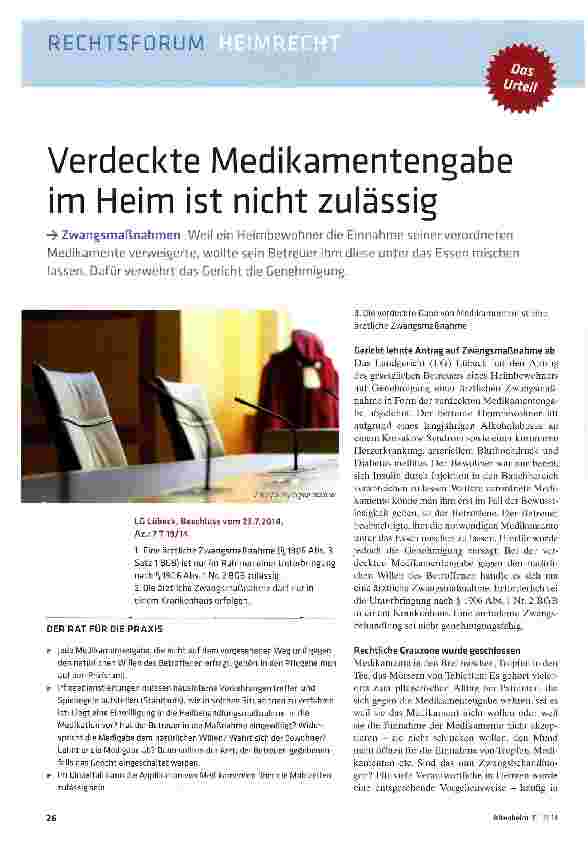 Vorschauseite 1: Verdeckte Medikamentengabe im Heim ist nicht zulässig