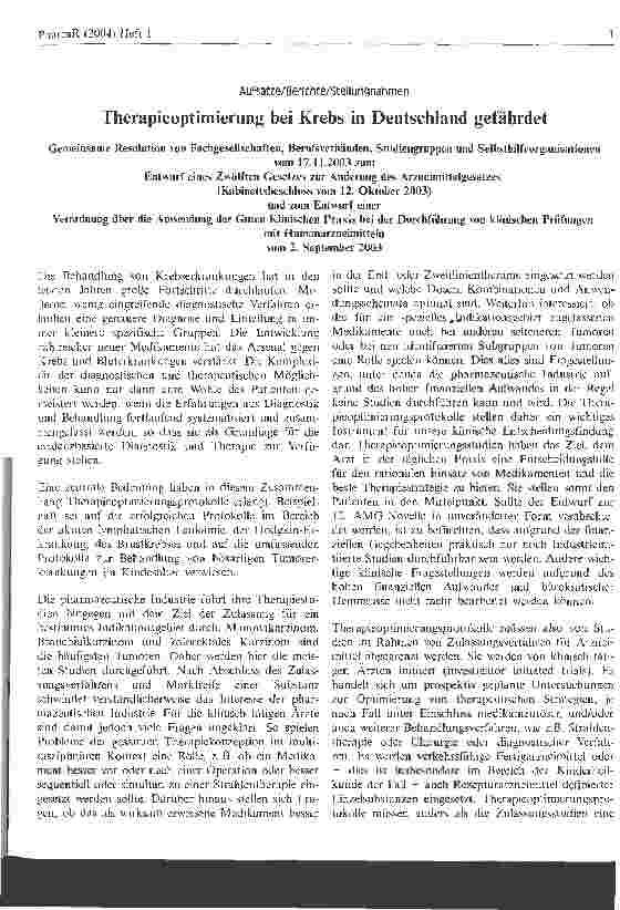 Vorschauseite 1: Therapieoptimierung bei Krebs in Deutschland gefährdet
