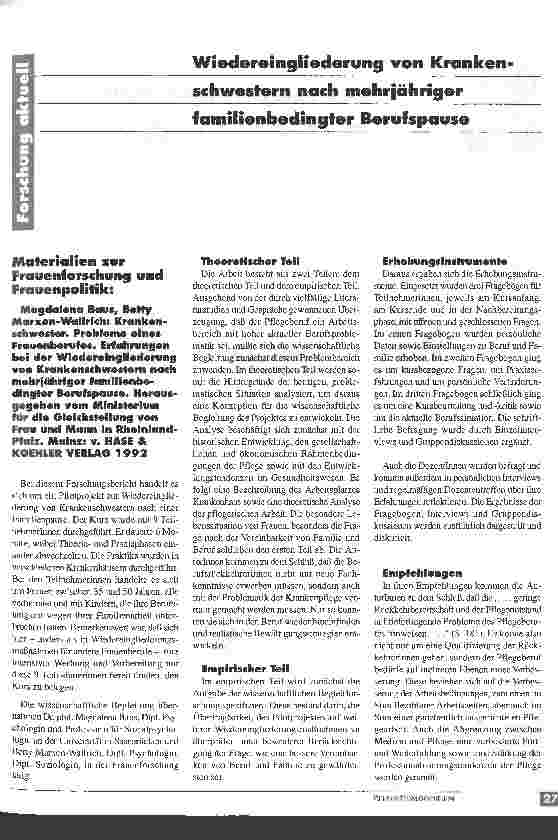 Vorschauseite 1: Wiedereingliederung von Krankenschwestern nach mehrjähriger familienbedingter Berufspause