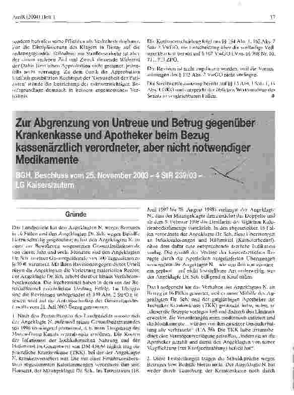 Vorschauseite 1: Zur Abgrenzung von Untreue und Betrug gegenüber Krankenkasse und Apotheker beim Bezug kassenärztlich verordneter, aber nicht notwendiger Medikamente