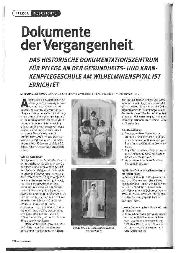 Vorschauseite 1: Dokumente der VergangenheitDAS HISTORISCHE DOKUMENTATIONSZENTRUM FÜR PFLEGE AN DER GESUNDHEITS-UND KRANKEN PFLEGESCHULE AM WILHELMINENSPITAL IST ERRICHTET