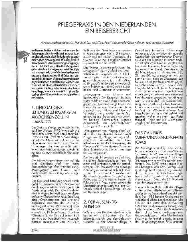 Vorschauseite 1: Pflegpraxis in den Niederlanden Ein Reisebericht