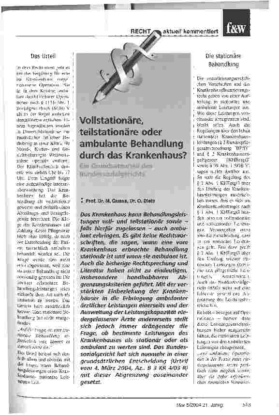 Vorschauseite 1: Vollstationäre, teilstationäre oder ambulante Behandlung durch das Krankenhaus?