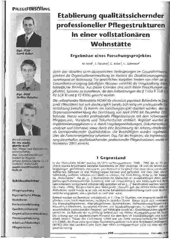 Vorschauseite 1: Etablierung qualitätssichernder professioneller Pflegestrukturen in einer vollstationären Wohnstätte Ergebnisse eines Forschungsprojektes