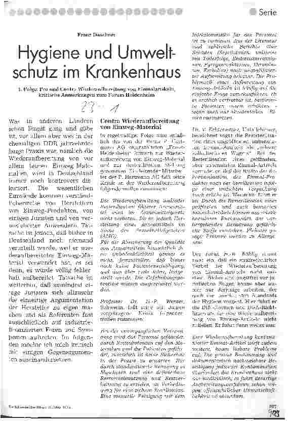 Vorschauseite 1: Hygiene und Umweltschutz im Krankenhaus 4.Folge:Pro+Contra Wiederauf bereitung von Einmalartikeln, kritische Anmerkungen zum Forum Heidenhm