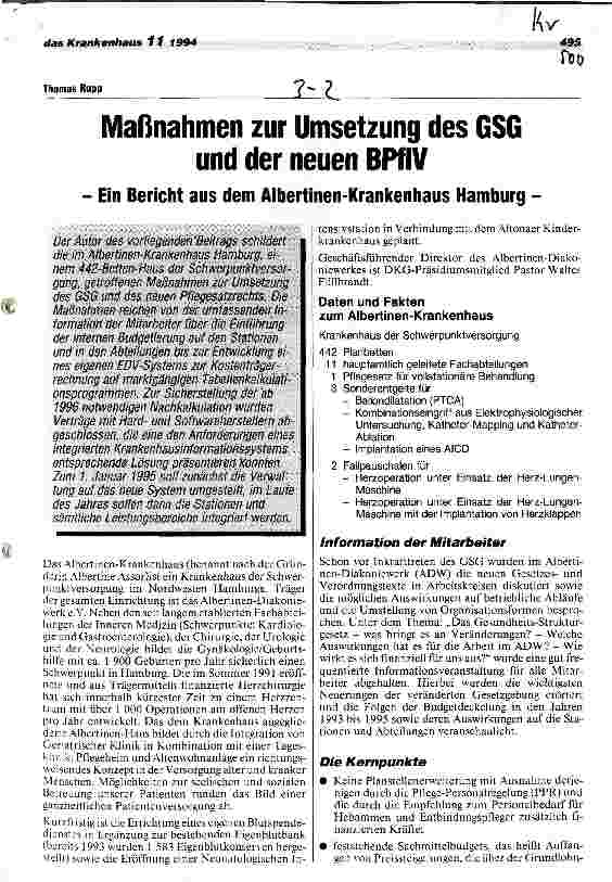 Vorschauseite 1: Maßnahmen zur Umsetzung des GSG und der neuen BPflV Ein Bericht aus dem Albertinen-Krankenhaus Hamburg
