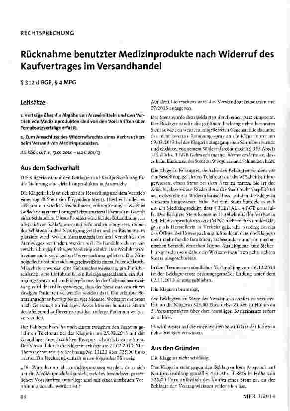 Vorschauseite 1: Rücknahme benutzter Medizinprodukte nach Widerruf des Kaufvertrages im Versandhandel§ 312 d BGB, §4MPG