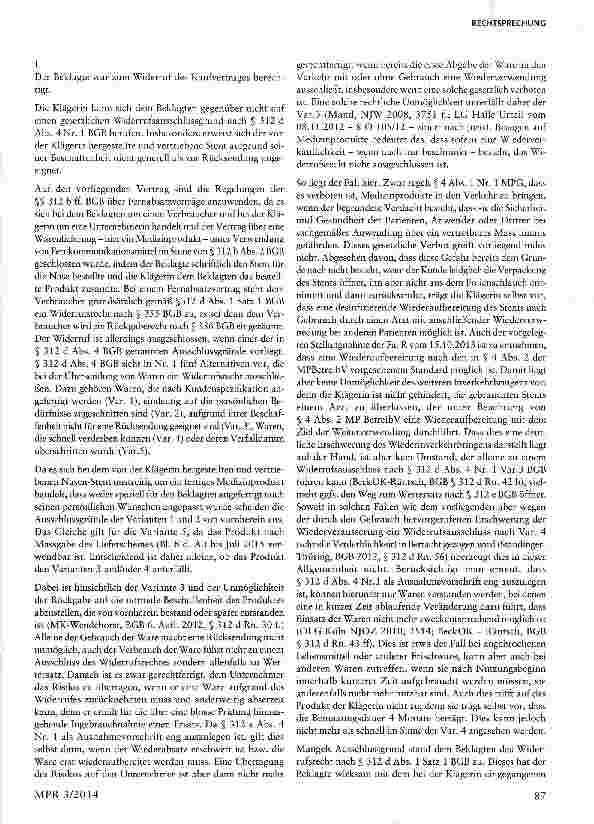 Vorschauseite 2: Rücknahme benutzter Medizinprodukte nach Widerruf des Kaufvertrages im Versandhandel§ 312 d BGB, §4MPG