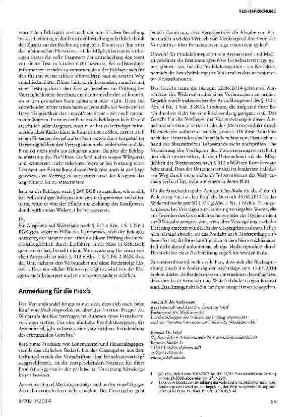 Vorschauseite 4: Rücknahme benutzter Medizinprodukte nach Widerruf des Kaufvertrages im Versandhandel§ 312 d BGB, §4MPG