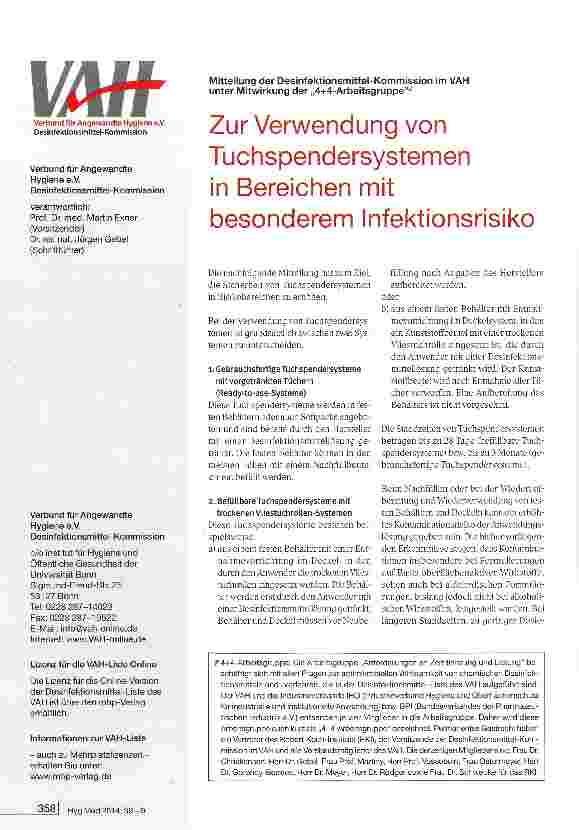 Vorschauseite 1: Zur Verwendung von Tuchspendersystemen in Bereichen mit besonderem Infektionsrisiko