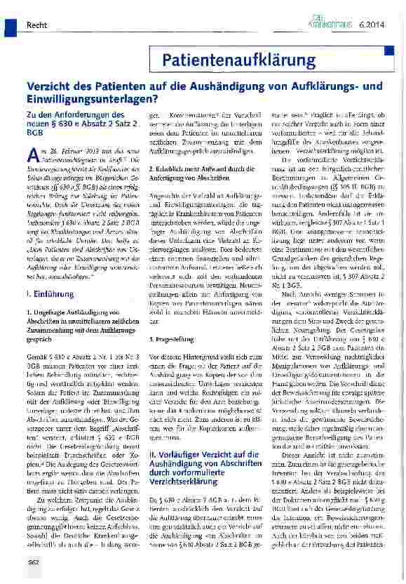 Vorschauseite 1: Verzicht des Patienten auf die Aushändigung von Aufklärungsund Einwilligungsunterlagen?