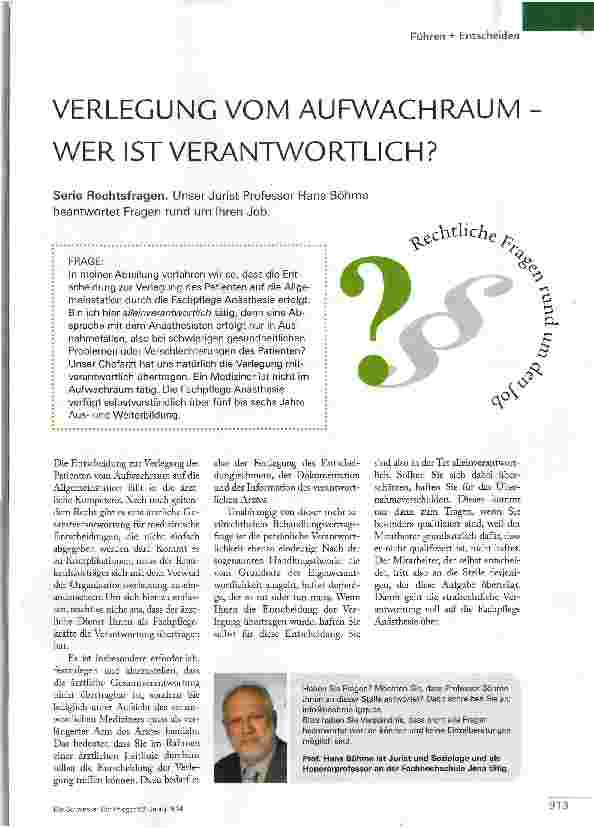 Vorschauseite 1: VERLEGUNG VOM AUFWACHRAUM -WER IST VERANTWORTLICH?
