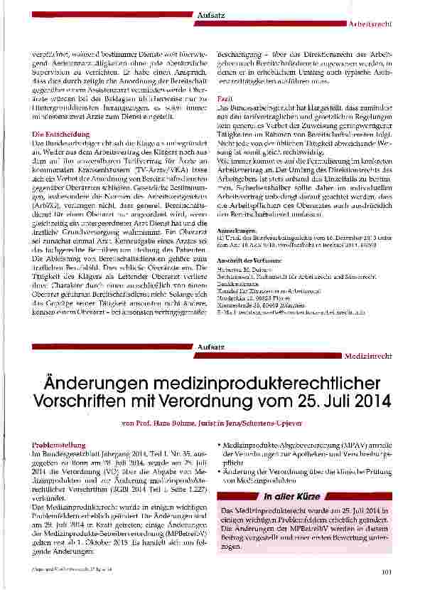 Vorschauseite 2: Kein Anspruch eines Oberarztes auf „standesgemäße Beschäftigung ein Urteil des Bundesarbeitsgerichts