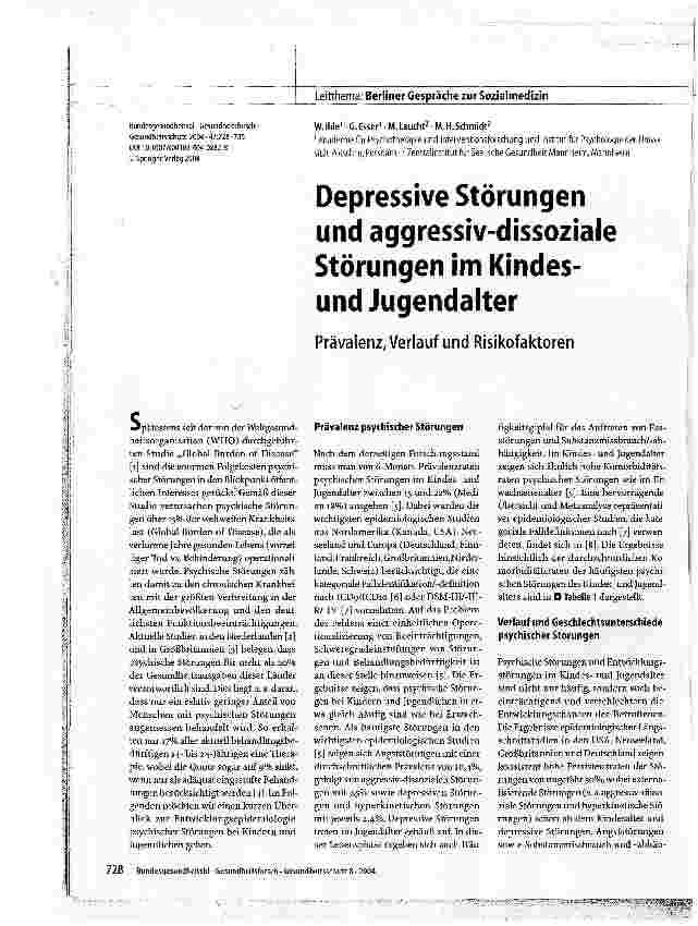Vorschauseite 1: Depressive Störungen und aggressiv-dissoziale Störungen im Kindes-und JugendalterPrävalenz, Verlauf und Risikofaktoren