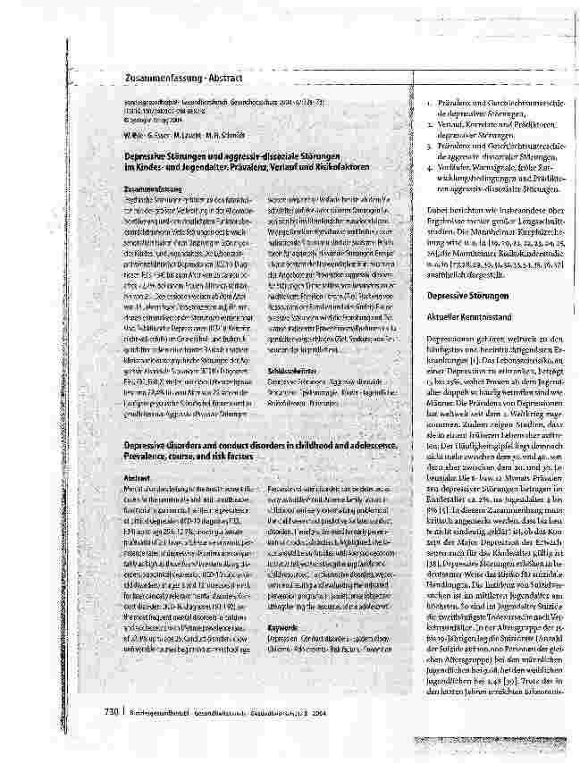 Vorschauseite 3: Depressive Störungen und aggressiv-dissoziale Störungen im Kindes-und JugendalterPrävalenz, Verlauf und Risikofaktoren