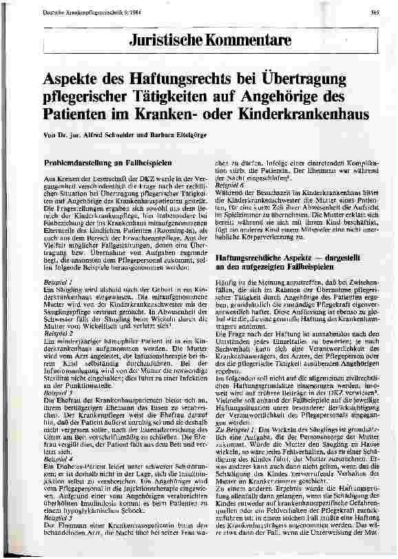 Vorschauseite 1: Aspekte des Haftungsrecht bei Übertragung pflegerischer Tätigkeit auf Angehörige des Patienten im Kranken und Kinderkrankenhaus