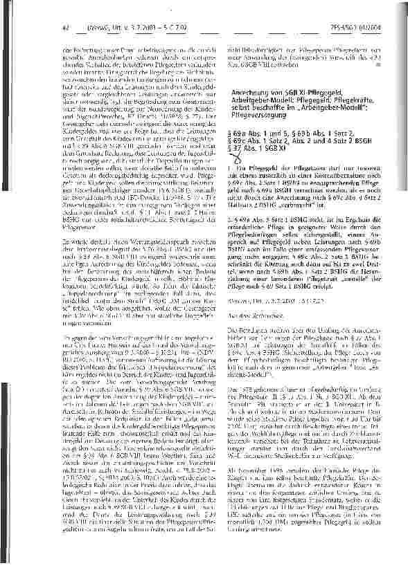 Vorschauseite 1: Anrechung von SGB XI-Pflegegeld; Arbeitgeber-Modell; Pflegegeld; Pflegekräfte, selbst beschaffte im Arbeitgeber-Modell; Pflegeversorgung BVerwG, Urt. v. 3.7.2003