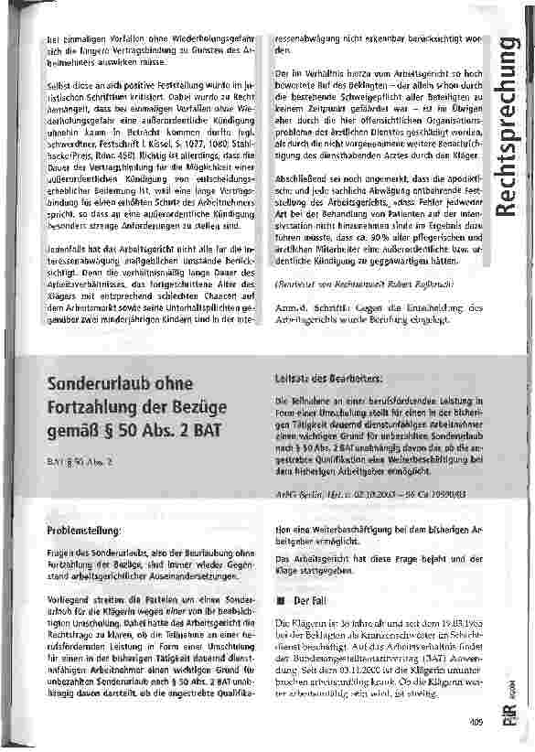 Vorschauseite 1: Sonderurlaub ohne Fortzahlung der Bezüge gemäß § 50 Abs. 2 BAT