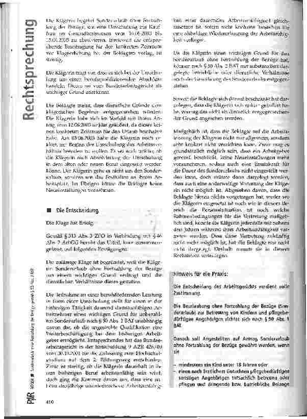 Vorschauseite 2: Sonderurlaub ohne Fortzahlung der Bezüge gemäß § 50 Abs. 2 BAT