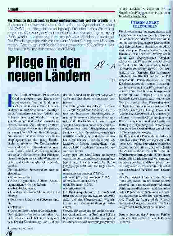 Vorschauseite 1: Pflege in den neuen Ländern Zur Situation des stationären Krankenhauspersonals seit der Wende